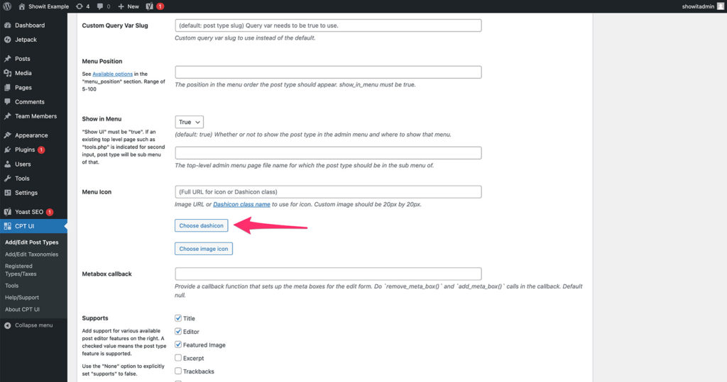 CPT UI Choose Dashicon