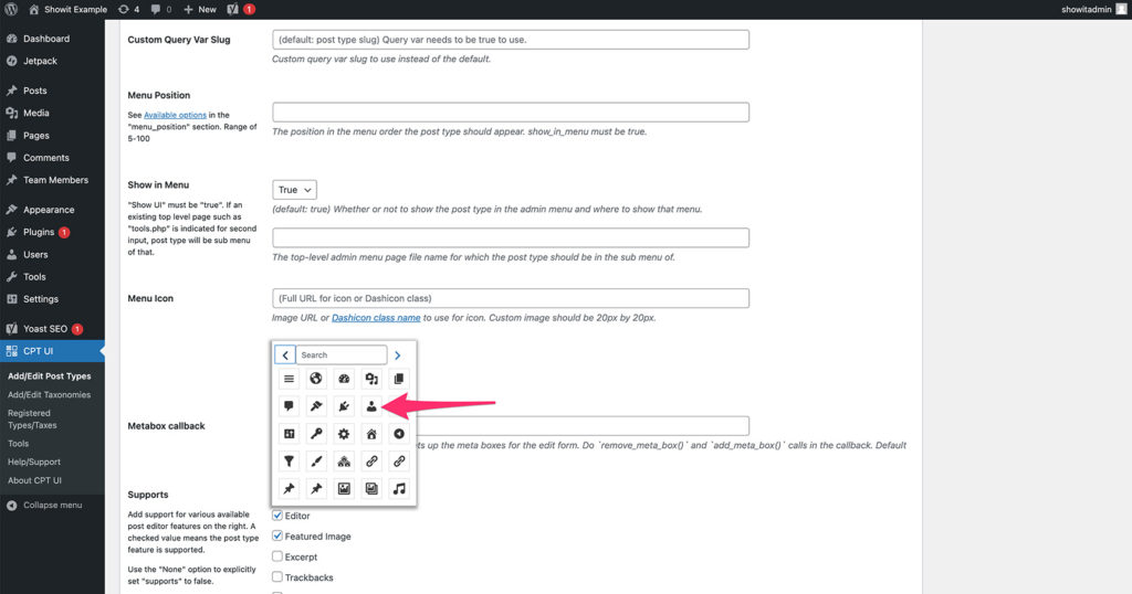 CPT UI dashicon choice