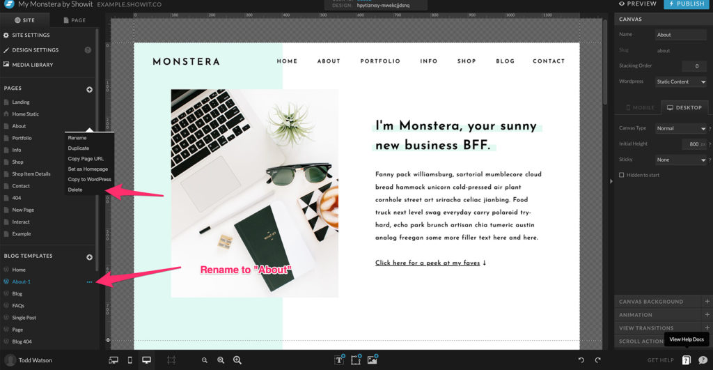 Deleting and renaming pages on Showit