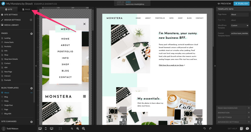 Select page tab on Showit app