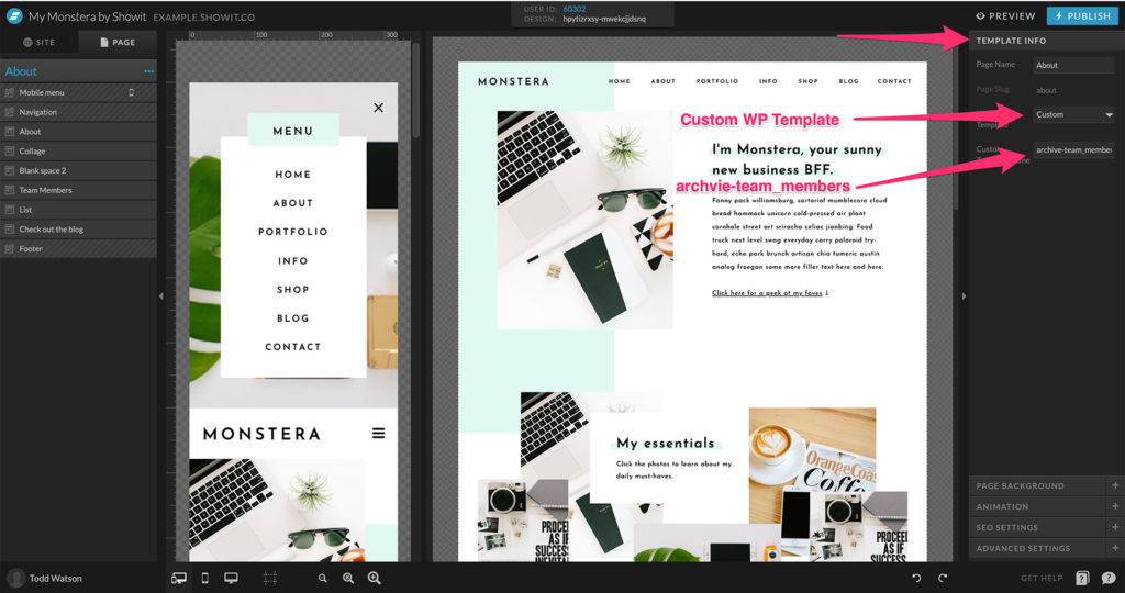 Changing custom template name on Showit WordPress template