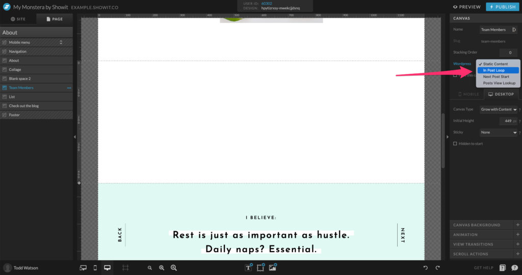 Where to change canvas to In Post Loop on Showit