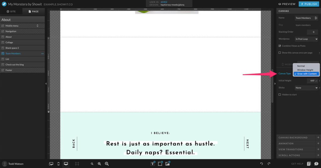 Grow with Content option on Showit