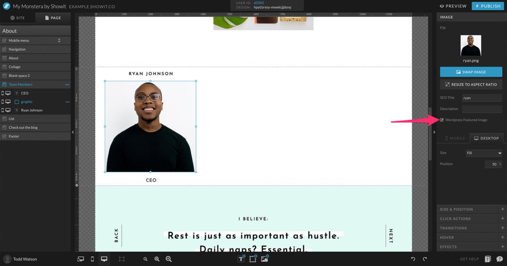 Adding a WordPress featured image in Showit