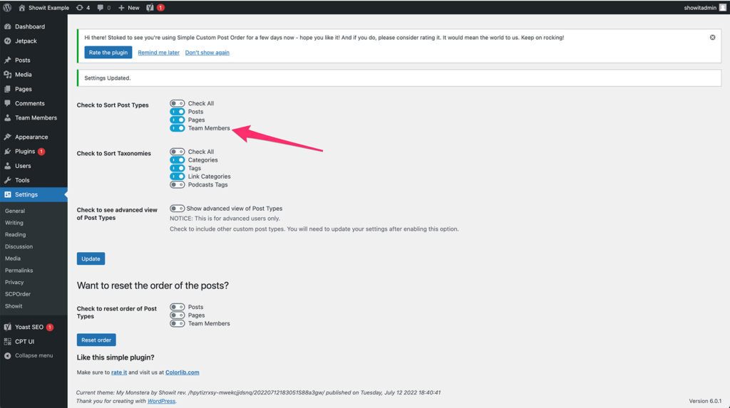 Turning on Simple Custom Post Order for our Custom Post Type on Showit