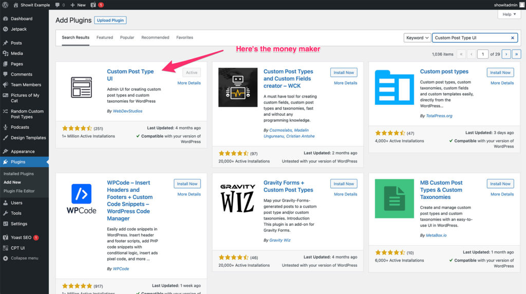 Custom Post Type UI in WordPress dashboard
