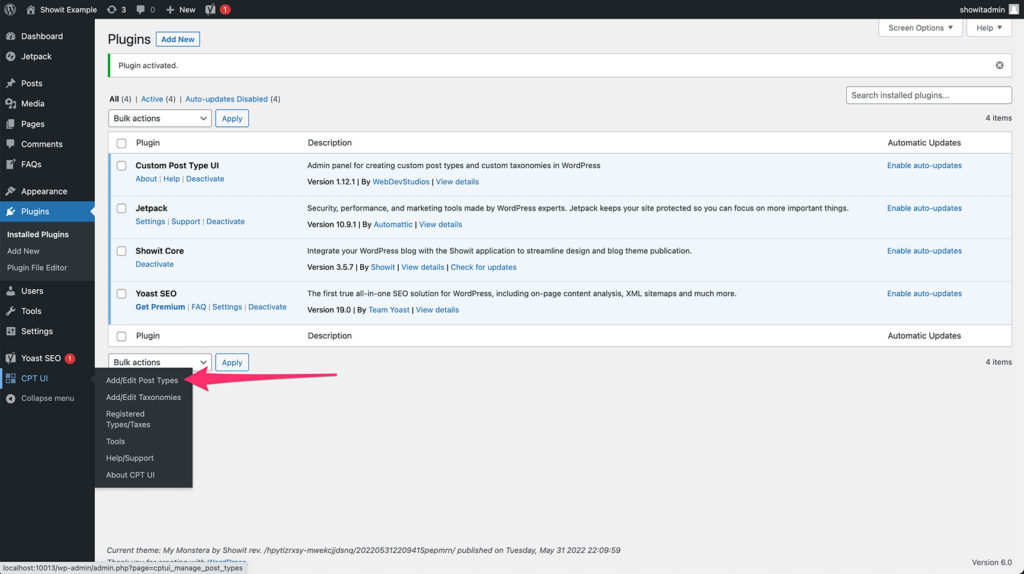Add/edit post types from CPT UI link on WordPress dashboard