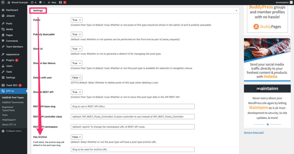 Has Archive setting on CPT UI