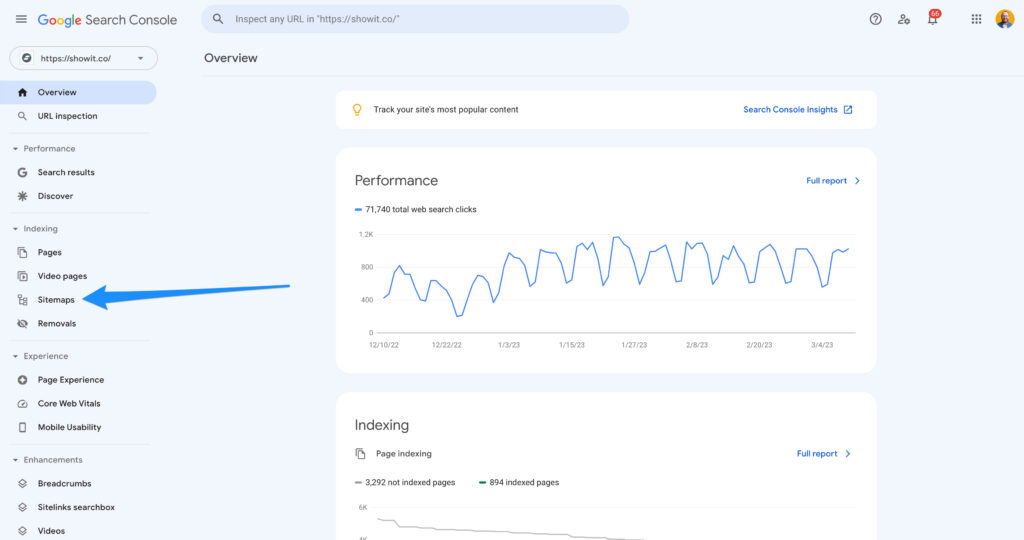 Screenshot of where to find Google search console map sitemap