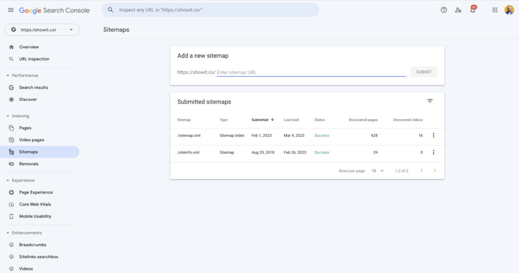 Google search console sitemap section