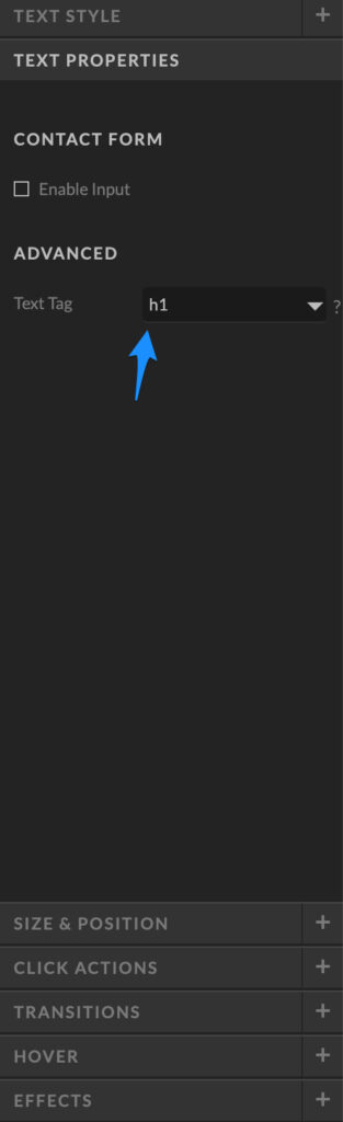 Showit app Text Properties panel to change text elements to H1 tags