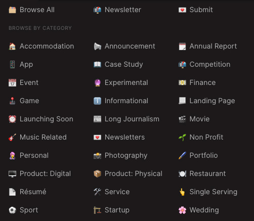 One Page Love browse by category option