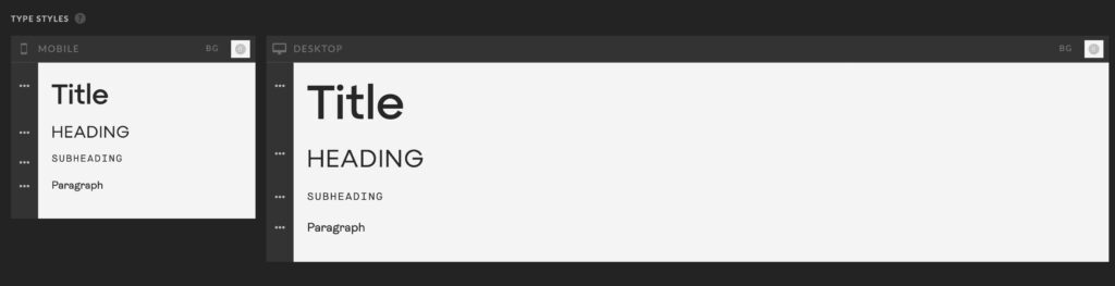 Design settings for different text elements in Showit